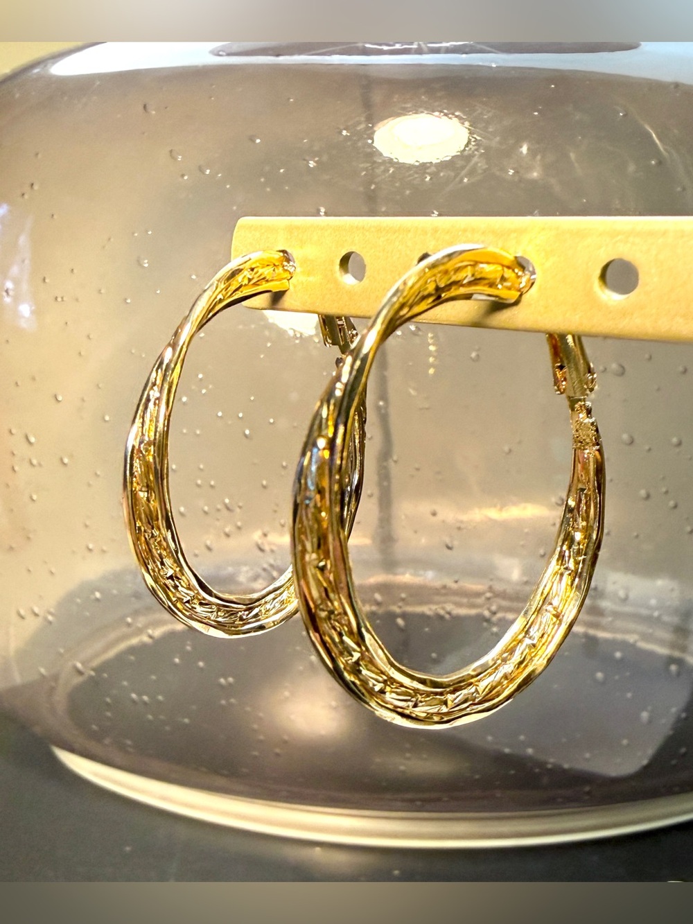 Lightweight Textured Gold Tone Twisted Hoop Earrings